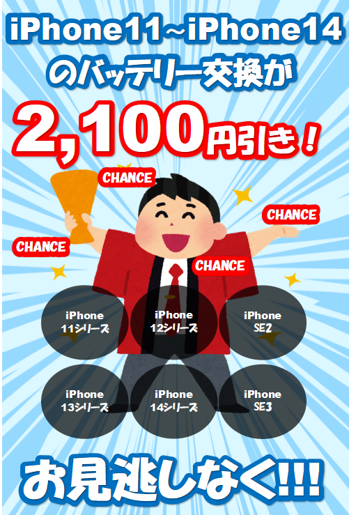 残り2日！！iPhone11以降のバッテリー交換が2100円お得に出来ます(/・ω・)/